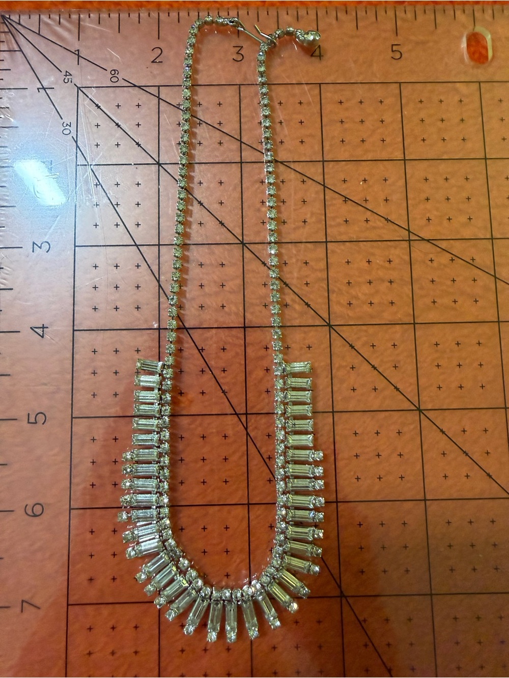 Vintage Clear Rhinestone Baguette Necklace Silver Tone Statement Bridal Formal